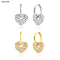 ANDYWEN 925 Sterling Silver 8.5mm Drop Earring Piercing Pendiente Big Heart Luxury Crystal Pave Fashion Clips Jewelry Gift