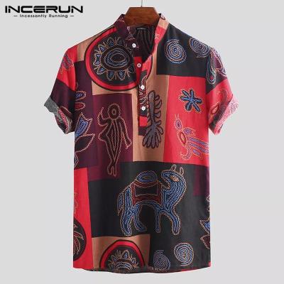 (Leisure style) Incerun เสื้อผู้ชาย แขนสั้น มีลาย คอปก(Random Floral, Pictures are For Reference Only