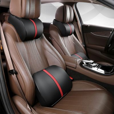 Adjustable Car Headrest Pillow Set Leather Auto Neck Protection Rest Pillows Seat Waist Supports Lumbar Cushion Memory Cotton