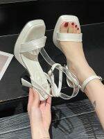 ☊✓♕ Sandals womens 2023 new summer French-style niche thick-heeled square-toed fairy style one-word buckle strap Roman high-heeled shoes