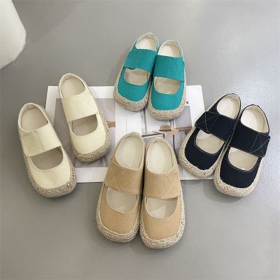 The new spring and summer 2023 baotou straw fisherman outside the canvas half slippers female shoes heelless thick bottom half order shoes