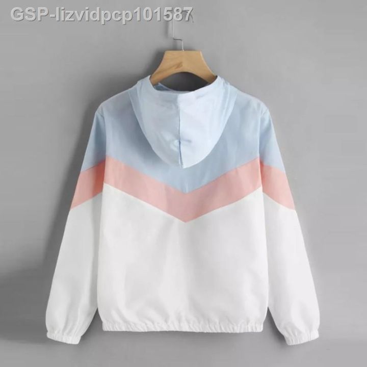 แฟชั่น2023-หินเสื้อแจ็คเก็ตลายพื้นมีฮู้ดสำหรับผู้หญิงที่งานปะติดหลากสีเสื้อแจ็คเก็ตกันลมสำหรับผู้หญิง