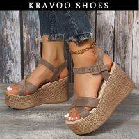 KRAVOO Wedge Roman Sandals for Women Summer Solid Casual Non-slip Peep Toe Platform Shoes Rubber Sole Buckle Elegant Heels Women