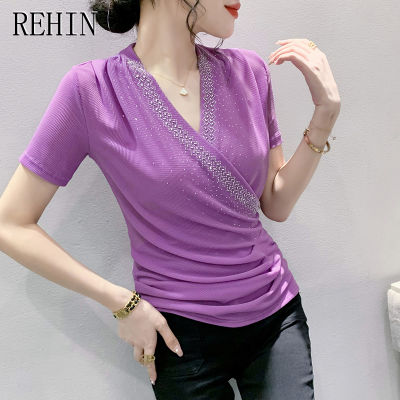 REHIN เสื้อยืดแขนสั้นคอวีสำหรับผู้หญิง,เสื้อแฟชั่นเข้ารูปฉบับภาษาเกาหลี S-3XL เหมาะสำหรับใส่ในฤดูร้อน