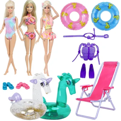 Cute Doll Swimwear Lifebuoy Swimming Rings Swimsuits Bikini Slipper Chair Beach Bathing Clothes for Barbie Doll Accessories Toy