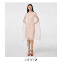 [asava ss23] Delinda Ruched Lace Dress เดรสผู้หญิง ผ้าลูกไม้ แขนเครปคลุมไหล่ แต่งรูดด้านหน้า แต่งกระดุมหลัง ซิปหลัง