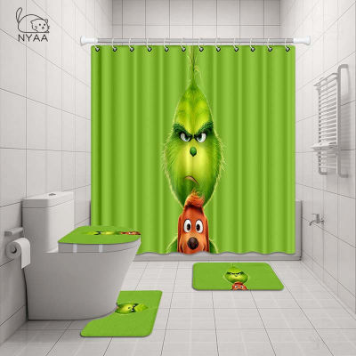 Vixm Grinch&nbsp;Bathroom Waterproof Shower Curtain Set Pedestal Rug Lid Carpet Toilet Cover Set Bath Curtain Mat Set