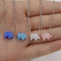2023 New Trendy Opal Elephant Pendant Stainless Steel Necklace For Women Silver Color Animal Resin Choker Collier Jewelry Gift