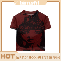 hanshi [2023 new HOT FASHION] lazlook เสื้อยืดพิมพ์ลายย้อนยุคฤดูร้อนคอเต่าครึ่งแขนสั้นสลิมเสื้อครอป