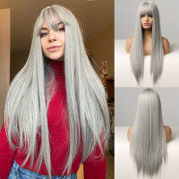 ALAN EATON Cosplay Silver Gray Wig for Women Natural Long Silk Straight Hair Wigs With Bangs For Women Girl Heat Resistant Fiber