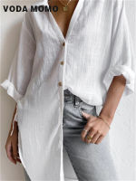 Summer Sexy VNeck Cotton Linen Tops Elegant Single-breasted Button Long Shirt Casual Fashion Solid 3/4 Sleeve Beach Blouse Women