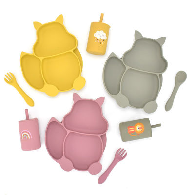 BPA Free Baby Silicone Tableware Cute Squirrel Baby Dishes Solid Sucker Training Plate Bowl Waterproof Feeding Set Infant Dishes