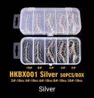 Proberos HKBX001 Silver 50 ชิ้น/กล่อง 2 #/4 #/6 #/8 #/10 # ตะขอตกปลาคุณภาพสูงสีเงิน Jig Big Hook ตัวเบ็ดสามทาง 5 ขนาด ในกล่องแข็งแรง ผลิตจากเหล็กไฮคาร์บอนคุณภาพสู