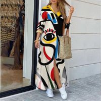 Fashion Lapel Long Sleeve Shirt Dress Casual Loose Contrast Print Single-breasted Maxi Dresses For Women Robe 2023 Vestidos