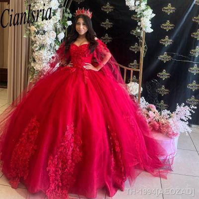 ℡✇☼ AEOZAD Vestidos Quinceanera Vermelho com Manto Applique Floral Vestido De Cristal Doce 16 Vestidos Aniversário