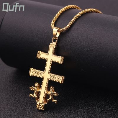【CW】Gold Color Catholic Caravaca Crucifix Orthodox Cross Pendant Necklace Cherub Angel Best Christian Necklaces For Men Women