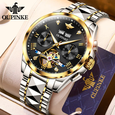 OUPINKE นาฬิกาผู้ชาย,นาฬิกาแซฟไฟร์ทัวบิยองอเนกประสงค์กันน้ำจอแสดงปฏิทินส่องสว่างนาฬิกาไขลานเอง