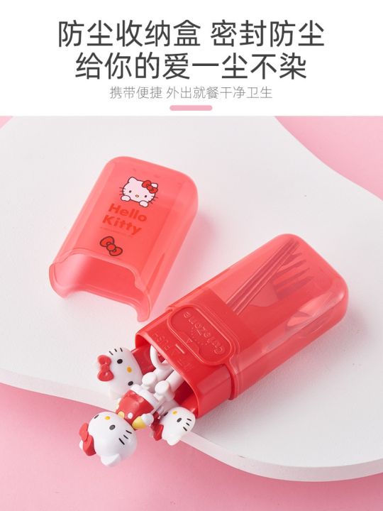 hot-2023-kawaii-hellokittys-ชุดเครื่องใช้บนโต๊ะอาหารสำหรับเด็กการเรียนรู้ตะเกียบส้อมที่เก็บทัพพีกล่องตุ๊กตาอนิเมะมีดสแตนเลสของขวัญ