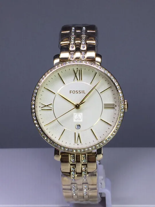 นาฬิกาข้อมือผู้หญิง-fossil-รุ่น-es3547-หน้าปัดสีครีม-ตัวเรือนและสายนาฬิกาสแตนเลสชุบทอง-ประดับด้วยคริสตัลรับประกันของแท้-100