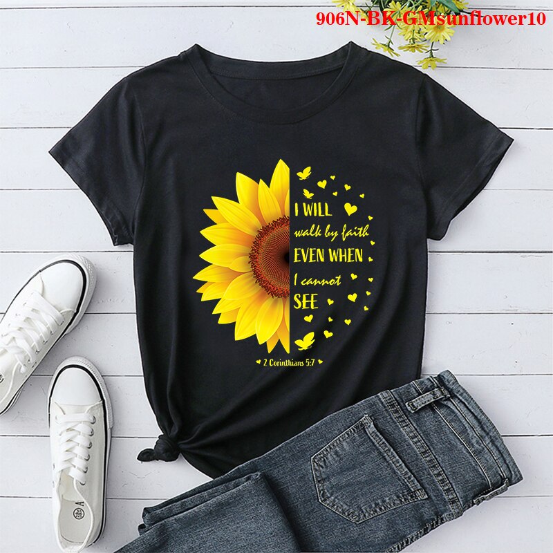 Womens Tshirts Women Sunflower Graphic Loose O-Neck T-Shirt Summer Tops Blouse Womens Tshirts 
