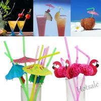 【Ready Stock】 ❐ E05 Summer Party Flamingo Straw Pineapple Paper Umbrella straw Cake Toppers Hawaiian Beach Party Decor Cupcake Topper for Birthday