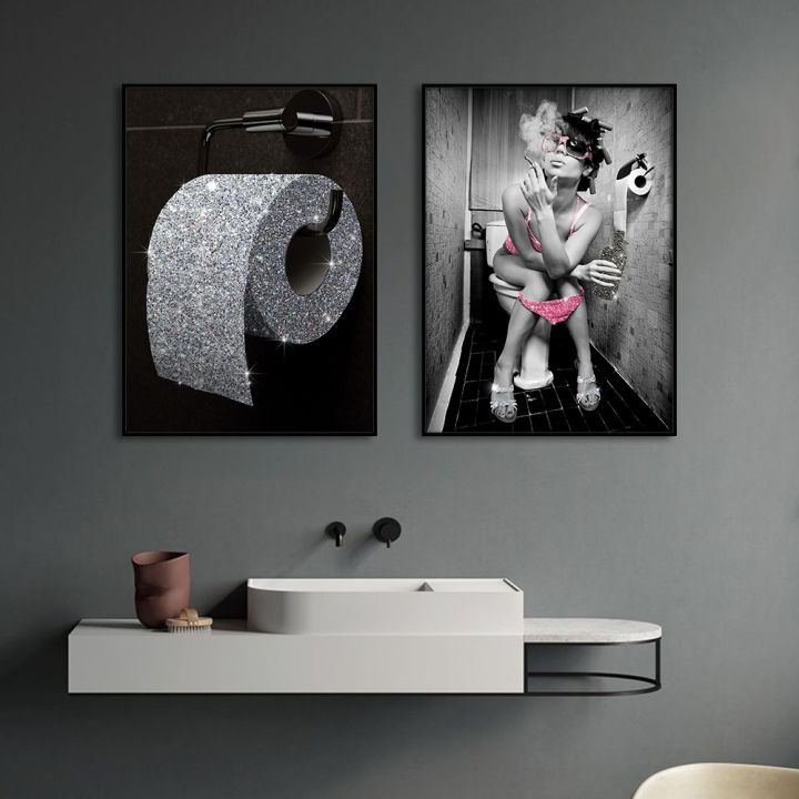cod-แฟชั่นผู้หญิงเซ็กซี่โปสเตอร์บาร์ดื่มภาพวาดผ้าใบสีทองประกายกระดาษชำระศิลปะห้องน้ำตกแต่งภาพวาดแกน