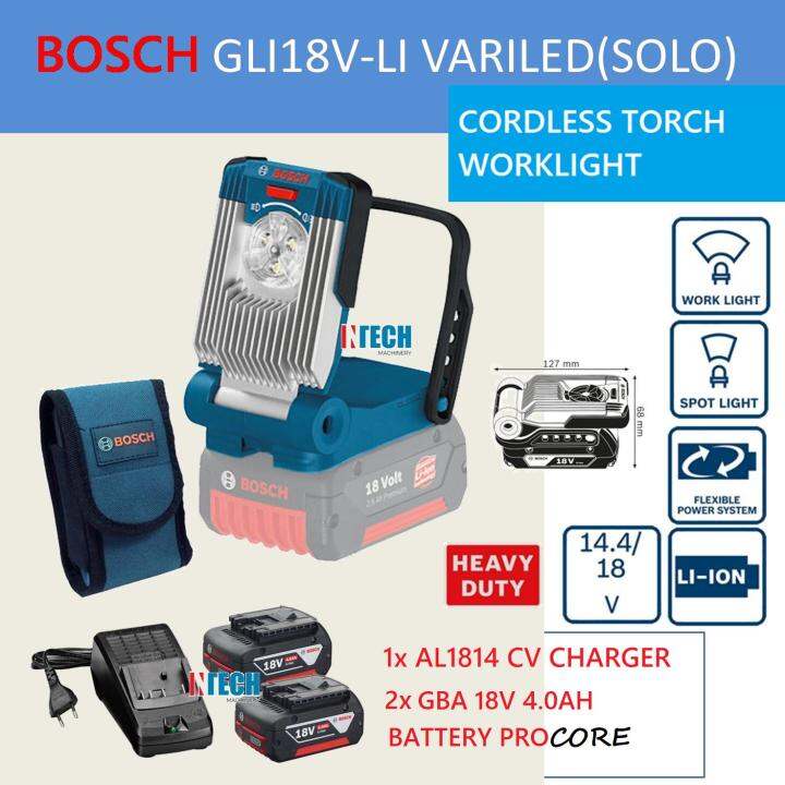 BOSCH GLI18V-LI VARILED CORDLESS TORCH WORKLIGHT C/W 2x 18V 4.0AH ...