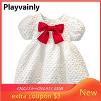 2022 New Summer Girl Dress White Jacquard Weave Round Collar Short Puff Sleeves Red Bow Princess Dress Kids Clothes E2499