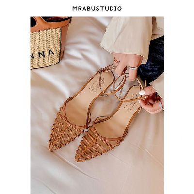 ✟ Ready Straw Genuine Leather French Style Pointed Toe Hollow This Year New Korean Small Heel Thick Roman Half-Covered Sandals Women Summer Fashion