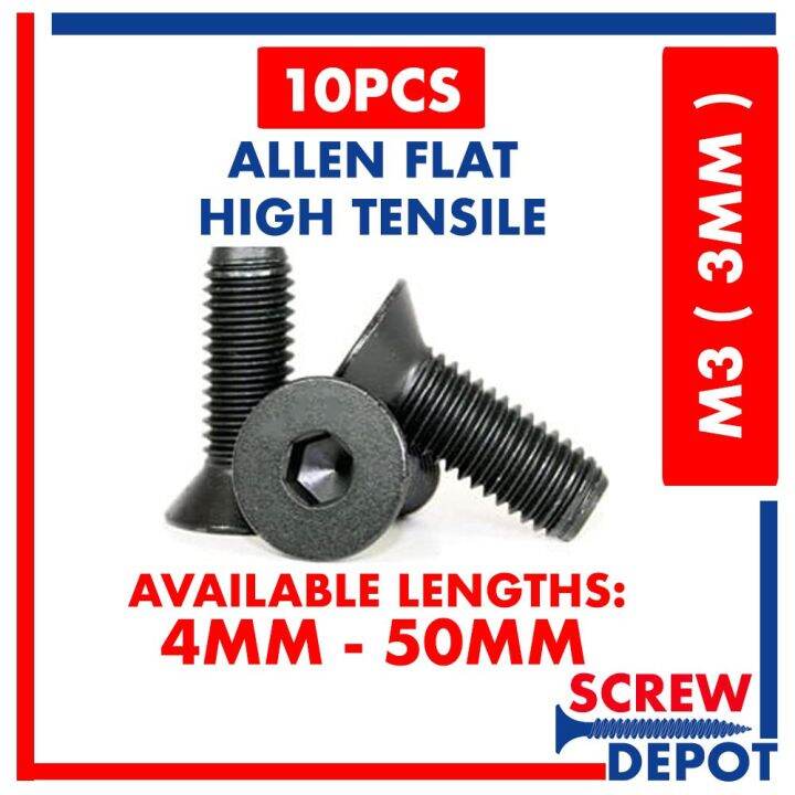 l/u10 PCS Allen Flat Head M3 ( 3mm ) High Tensile Countersunk Socket
