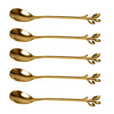 Coffee Stirring Spoon Stainless Steel Creative Branch Leaves Shape Creative Cutlery Dessert Spoon Jam Ice Cream Tea Spoon,Gold(5pcs)