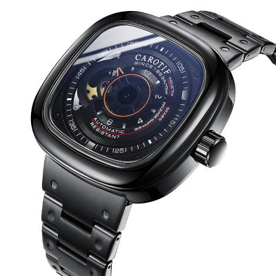 นาฬิกาอัตโนมัติเต็มรูปแบบนาฬิกากลไกนาฬิกาสำหรับผู้ชาย Hollow สายรัดเหล็กสแควร์นาฬิกาข้อมือหน้าปัดใหญ่