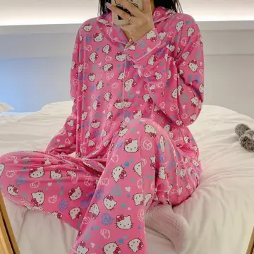 Sanrio Hello Kitty Pajamas Pants Kawaii Pijama Y2K Pyjama Pink Fluffy Suit  Long-Sleeved Trousers Onesize Cardigan Outfit Women 