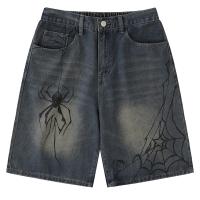 Summer Denim Shorts Men American Vintage Trend Loose Spider Pattern Printed Shorts Harajuku All Match Couples Distressed Jeans