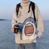 CODHaley Childe Men Shark Sweater Winter Patchwork Korean Style High Neck Oversize Grey Turtleneck Mens Clothes