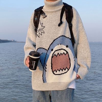 CODTheresa Finger Men Shark Sweater Winter Patchwork Korean Style High Neck Oversize Grey Turtleneck Mens Clothes