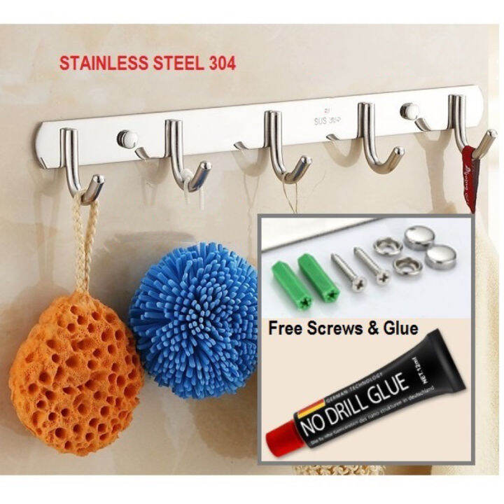 🇲🇾🐼Heavy Duty 304 Stainless Steel 6 Hook Bathroom Cloth Hanger Door