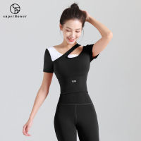 SUPERFLOWER Women S Quick Drying Diagonal Shoulder Shirts With Bra Pads Running Fitness Short Sleeves Yoga Tops