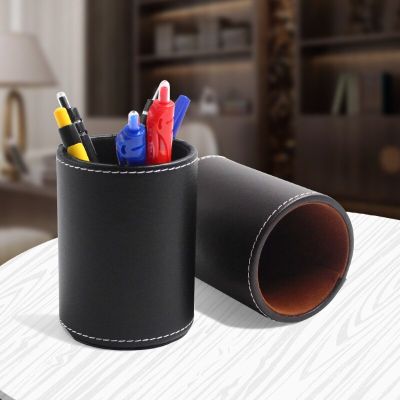 Retro Leather Round Pen Holder Desktop Stationery Sundries Storage Tube Office Supplies Finishing Storage Tank Desktop Organizer