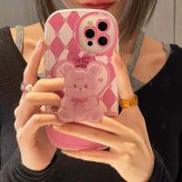 Cartoon Cute Bear Bracket Phone Case For iPhone 13 Pro Max 12 11 Pro XS X XR Max Fashion Diamond Lattice Shockproof Soft Cover