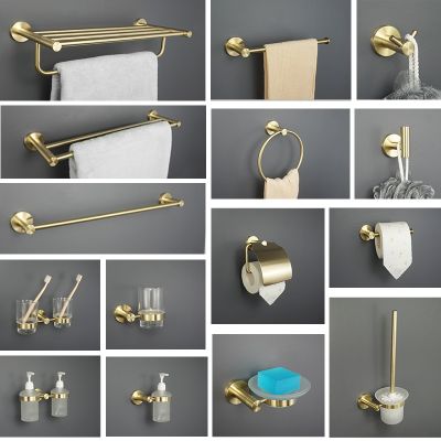 Wall Mounted Towel Bar Brushed Gold Stainless Steel Round Toilet Paper Holder Soap Bottle Robe Coat Hooks Bathroom Accessories