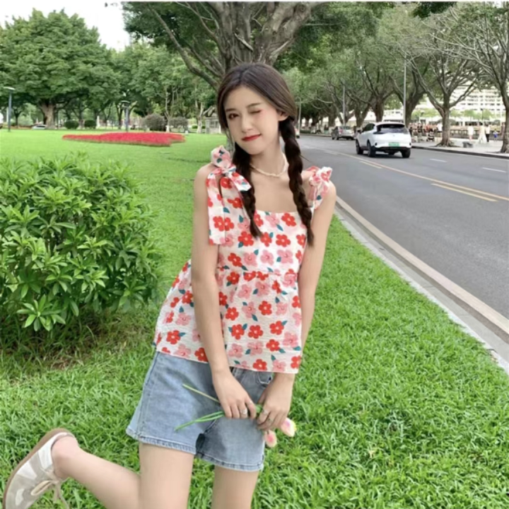 april-sunny-เสื้อแขนกุดลายดอก-women-summer-2023-เสื้อยืดแนวหวานน่ารักสไตล์เกาหลี