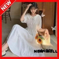 NEW MALL Dress For Women Lace-Up Doll Collar Waist Slim Mid-Length Temperament Pleated Short-Sleeved Dress Women