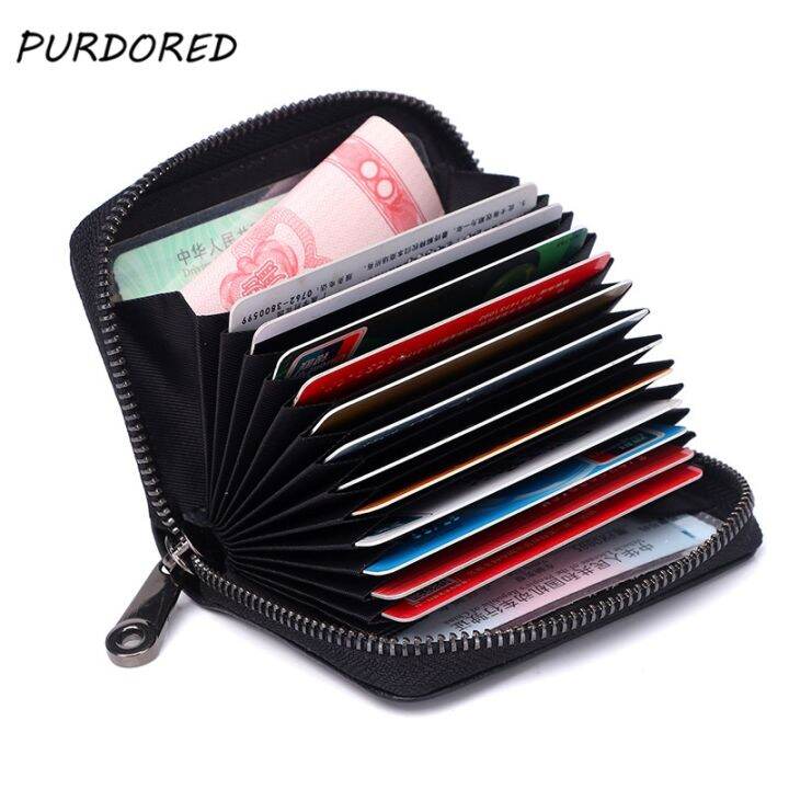 purdored-1-pc-men-business-card-holder-genuine-leather-credit-card-holder-women-zipper-pocket-unisex-card-case-zipper-coin-purse