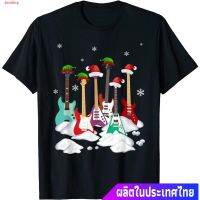 terdiny เสื้อยืดกีฬา Guitar Santa Hat Christmas Tree Funny Music Loves Xmas T-Shirt Short sleeve T-shirtsS-5XL