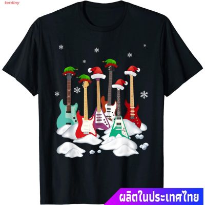 terdiny เสื้อยืดกีฬา Guitar Santa Hat Christmas Tree Funny Music Loves Xmas T-Shirt Short sleeve T-shirts