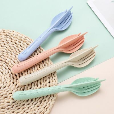 3In1 Wheat Straw Dinnerware Set Fork Spoon Knife Set Travel Picnic Camping With Case Eco Friendly Portable Tableware Cutlery Set Flatware Sets