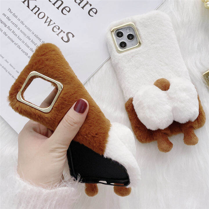 สำหรับ-oppo-reno2-reno3-reno4-reno5-reno6-reno7-z-ค้นหา-x3-pro-furry-case-น่ารัก-corgi-สุนัขหางกรณีกลับ-super-นุ่มตุ๊กตาของเล่น-plush-faux-fur-ขนปุยป้องกัน