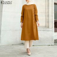 COD dhdfxcz ZANZEA Women Long Sleeve Vintage O Neck Solid Casual Button Cuffs Muslim Blouse