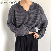 MAYCHEER   เสื้อสวมหัวแบบถักของผู้ชายเสื้อสวมหัวทรงหลวมสีทึบฤดูใบไม้ผลิเสื้อกันหนาวลำลองแขนยาว